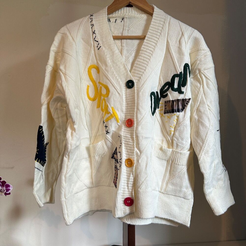 Ebossy Cable Knit Cardigan Dream Sport Patchwork Embroidered White Sweater XL